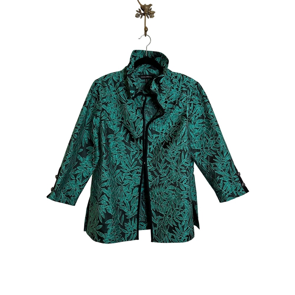 Ming Wang Jacquard Topper Jacket Size M‎ Green Black Leaf Motif Wire Collar